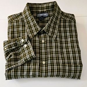 Structure Mens XL Green/White Plaid Long Sleeve Cotton Button-Up Shirt